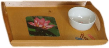 PAPER PEGGING  WITH WOODEN TRAY(FEW PAPER PEGS,A WOODEN BOWL,A WOODEN TRAY WITH A SHEET OF PAPER)
