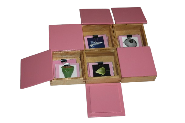 PINK PICTURE BOXES 1-6((WOODEN BOX CONTAINING PICTURE CARDS WITH VOWELS SOUNDS A,E,I,O,U AND ONE MIXED VOWEL WITH CORRESPONDING NAME TAGS)