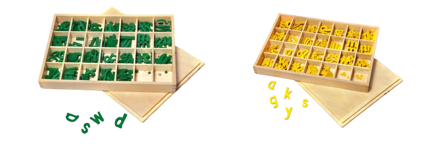 SMALL MOVABALE ALPHABET GREEN AND YELLOW( SET OF TWO WOODEN  BOXES WITH LETTER CUT OUTS FROM A TO Z ,ONE BOX WITH YELLOW LETTER AND OTHER WITH GREEN LETTER)