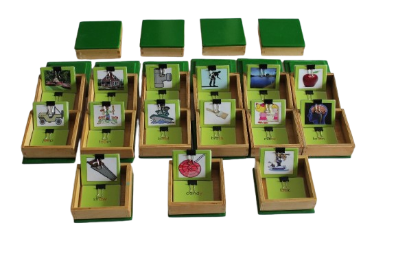 PHONOGRAM BOXES SET OF 19 (A SET OF 19 WOODEN BOXES WITH INDIVIDUAL PICTURE CARDS AND NAME TAGS  CORRESPONDINGS TO 19 DIFFERENT  PHONOGRAMS