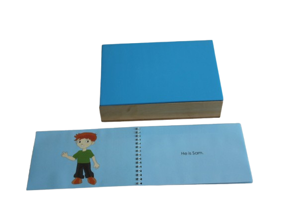 BLUE  STORY BOOK LETS (A WOODEN BOX WITH 6 INDIVIDUAL STORY BOOK LETS  PERTAINING TO "VOWEL SOUNDS A,E,I,O,U AND ONE MIXED VOWEL)