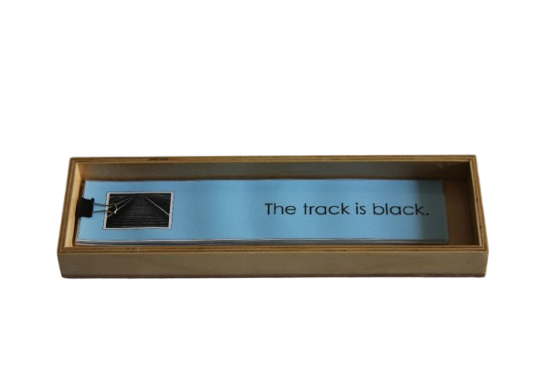 BLUE  RECTANGULAR BOXES FOR SENTENCES SET OF TWO( TWO WOODEN BOXES WITH INDIVIDUAL SET OF SENTENCE CARD ONE WITH ATTACHED PICTURE THE OTHER WITH DITACHED PICTURE)