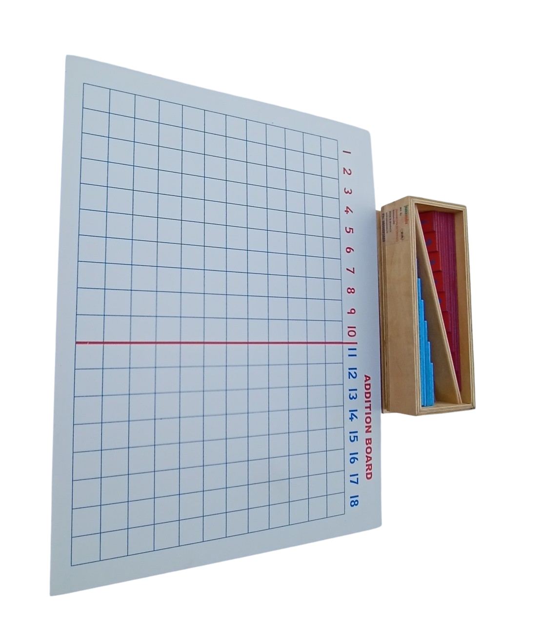 ADDITION STRIP BOARD(ADDITION BOARD WITH A WOODEN BOX OF RED AND BLUE RULERS)